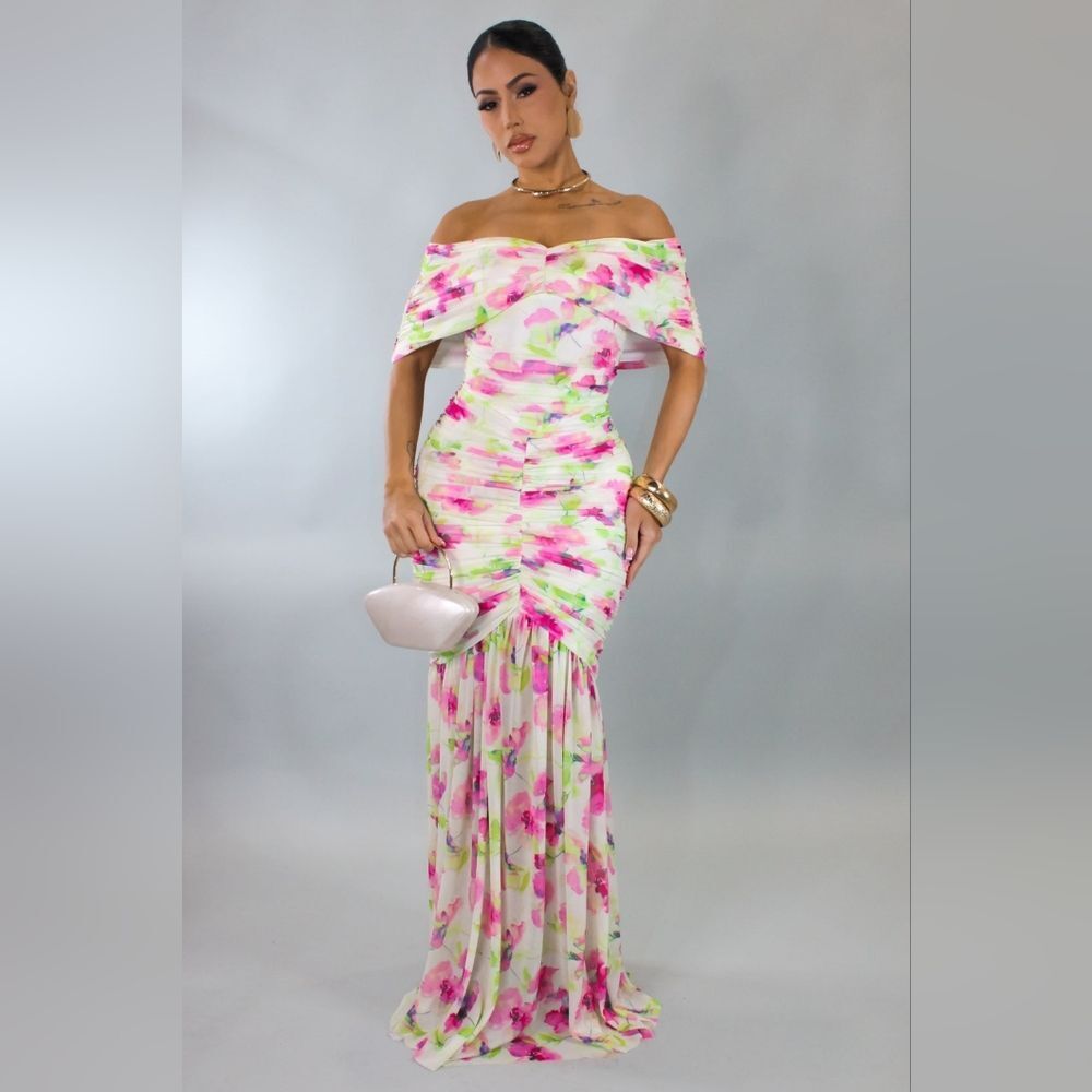 Off-Shoulder Floral Maxi Dress in Pink and Green
